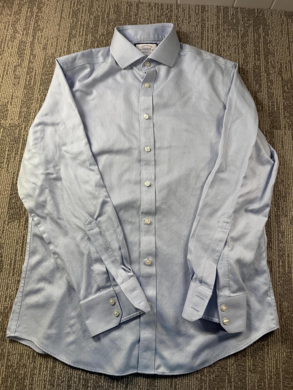 Charles Tyrwhitt Dress Shirt Mens 42 Blue Herringbone Regular Fit Cotton LS